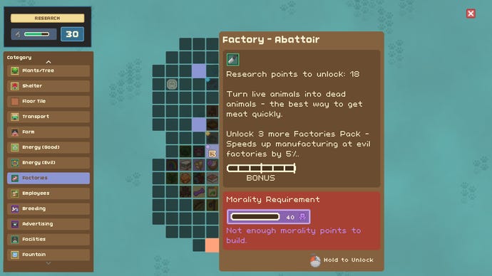 The research tree in Let’s Build A Zoo. It is previewing the upgrade for an abattoir with the description reading “turn live animals into dead animals - the best way to get meat quickly."