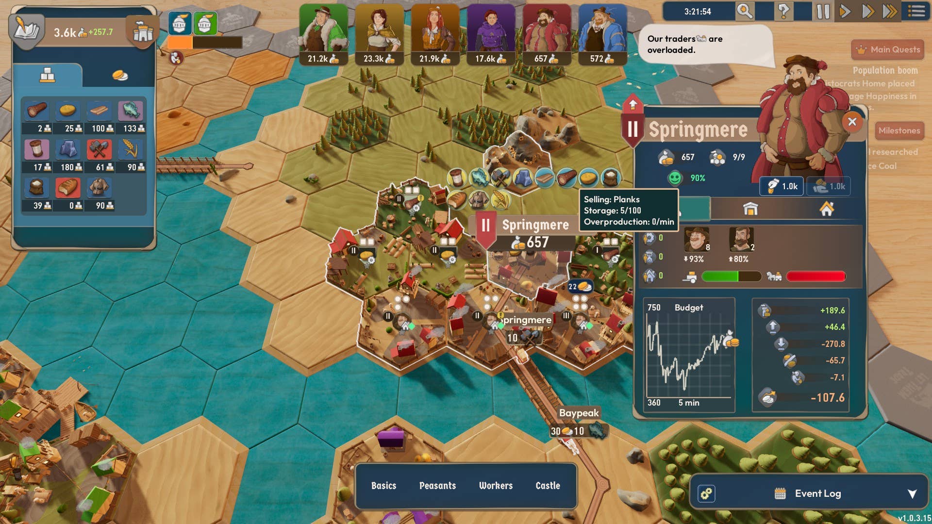 Inspect Springmere, a town of wood-producing, and let them trade.