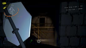 The player wields a stop sign as they look at a doorway in Lethal Company