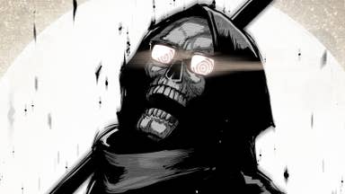 A black and white illustration of the hooded grim reaper but they're wearing sunglasses and their mouth is wide open.