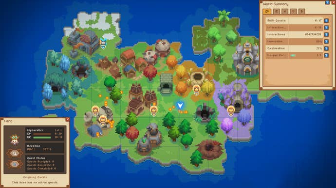 A Let’s Build a Dungeon screenshot showing an overhead map of a colourful fantasy island overlaid with “Hero” and “World Summary” UI elements.