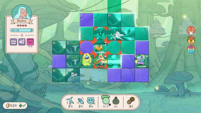 A silver-haired warrior moves through a board of forest tiles in Let's! Revolution!
