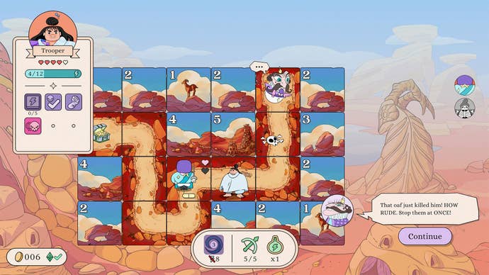 A cloaked warrior walks through a board of desert tiles in Let’s! Revolution!