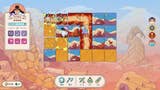 A game board in Let's! Revolution! with many colourful tiles set against a desert backdrop