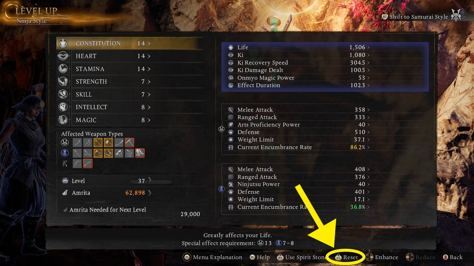 The Level Up menu in Nioh 3 with the Reset option highlighted by a yellow arrow. - 4