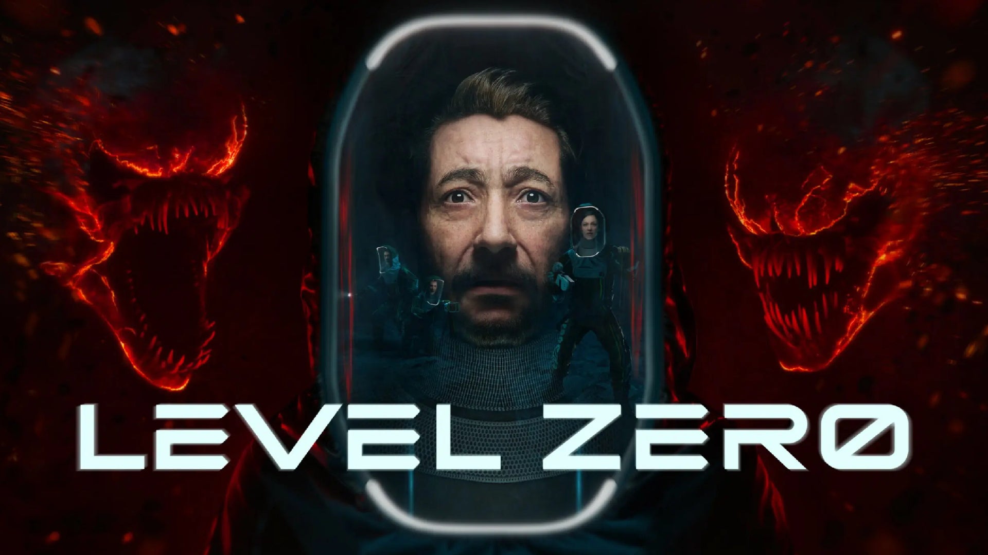 Level Zero header image; a man stares, scared, out of a spacer's helmet. Alien creatures, fangs bared, flank him. - 1