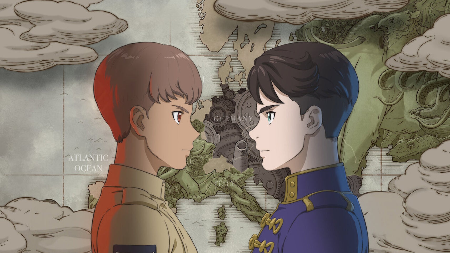 Two people with short hair in a fringe stairing at each other, a map behind them, in a promotional image for the anime Leviathan. - 1