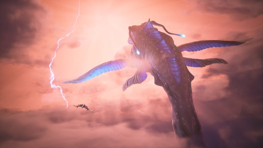 A huge space leviathan with flippers and a long snakelike body in Everspace 2, with the player ship flying nearby