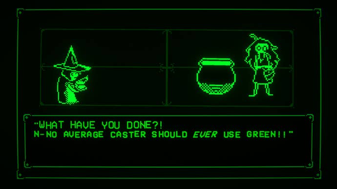 A small wizard casts a green spell on a woman with a cauldron in Leximan