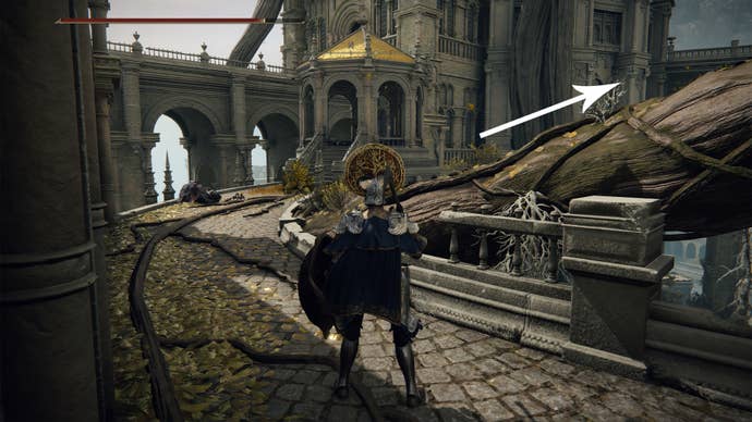 A path with roots next to it in Leyndell, the Elden Ring capital.