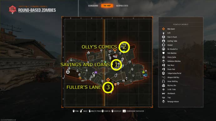 A map of Liberty Falls in Black Ops 6, with the locations of three codes needed to open the Liberty Falls Vault.