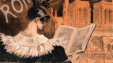A woman reads a publication successful Eugène Grasset's Poster for the Librairie Romantique