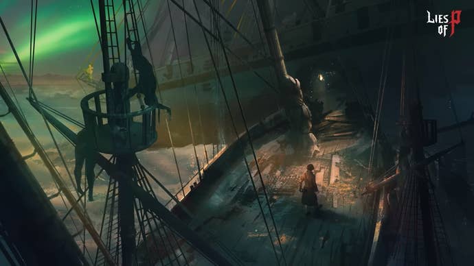 Artwork teased for Lies of P’s first DLC, showing a wooden ship sailing on water