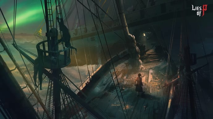 Artwork teased for Lies of P's first DLC, showing a wooden ship sailing on water