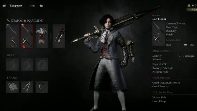 The Lies Of P inventory screen, with Pinocchio standing in the centre, his weapons and equipment on the left, and his stats on the right.