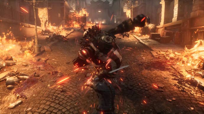 Pinocchio faces off against a giant puppet on a fiery street in Lies Of P.