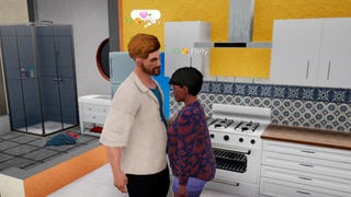 A Life by You screenshot showing a man and woman stood stomach to stomach in a kitchen with the word "flirty" above each of their heads.