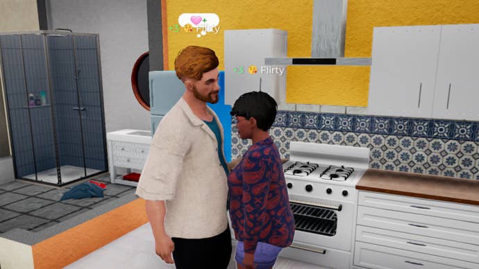 A Life by You screenshot showing a man and woman stood stomach to stomach in a kitchen with the word “flirty” above each of their heads.