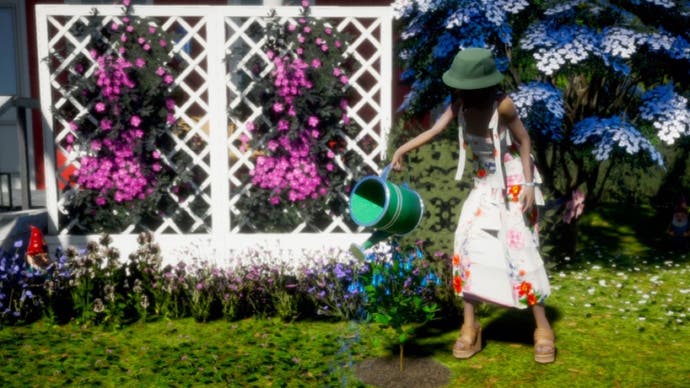 A screenshot from Life By You showing a woman in a hat watering her garden.