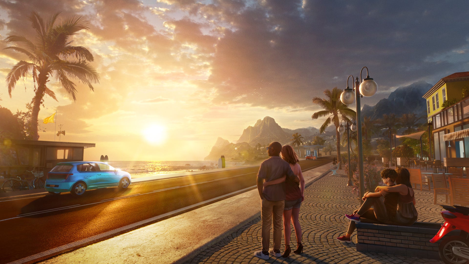 Life by You screenshot of multiple people stood by a road near a beach at sunset. - 5