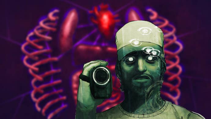 A creepy-looking stalker with a camera peers at the viewer, with a blossoming, saturated ribcage and heart in the background.