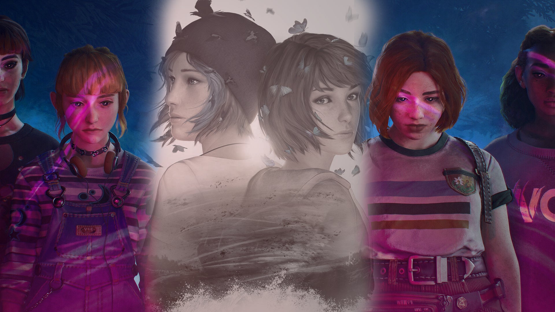 The four main protagonists from Lost Records: Bloom & Rage (Nora and Kat on the left, Swann and Autumn on the right) with Chloe and Max from Life is Strange intercut in the middle. - 1