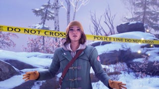 Max stands with her hands slightly raised in front of a snowy park area cut through with yellow police tape.