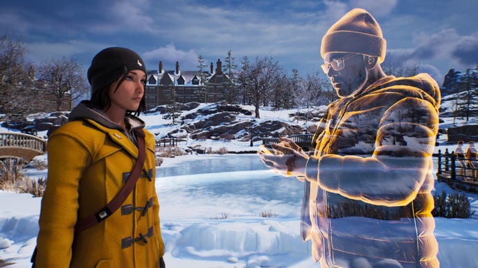 Max looks at an alternative reality Moses, who appears as a ghostly outline.