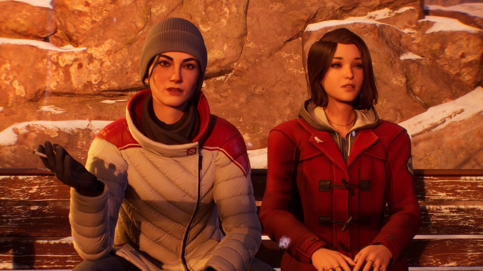 Safi and Max rest on a bench in the winter weather. - 5