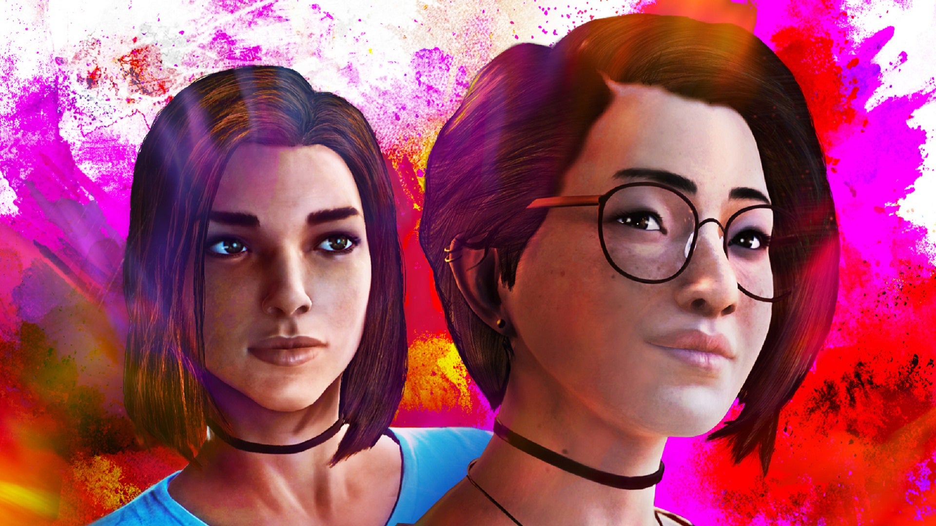 Steph and Alex from the Life is Strange series, against an abstract background of red, purple, and yellow. - 1