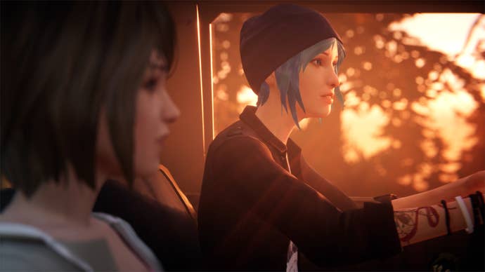 Chloe drives Max through town in her truck, with a soft sunset light through the driver's side window illuminating the scene in the cab.