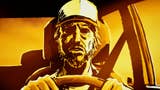 A bedraggled man in a baseball cap sits behind the steering wheel of a car in Strange Scaffold.