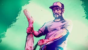 A vibrant illustration of a grizzled man in a baseball cap and t-shirt stuffing a bloody leg into a bag.