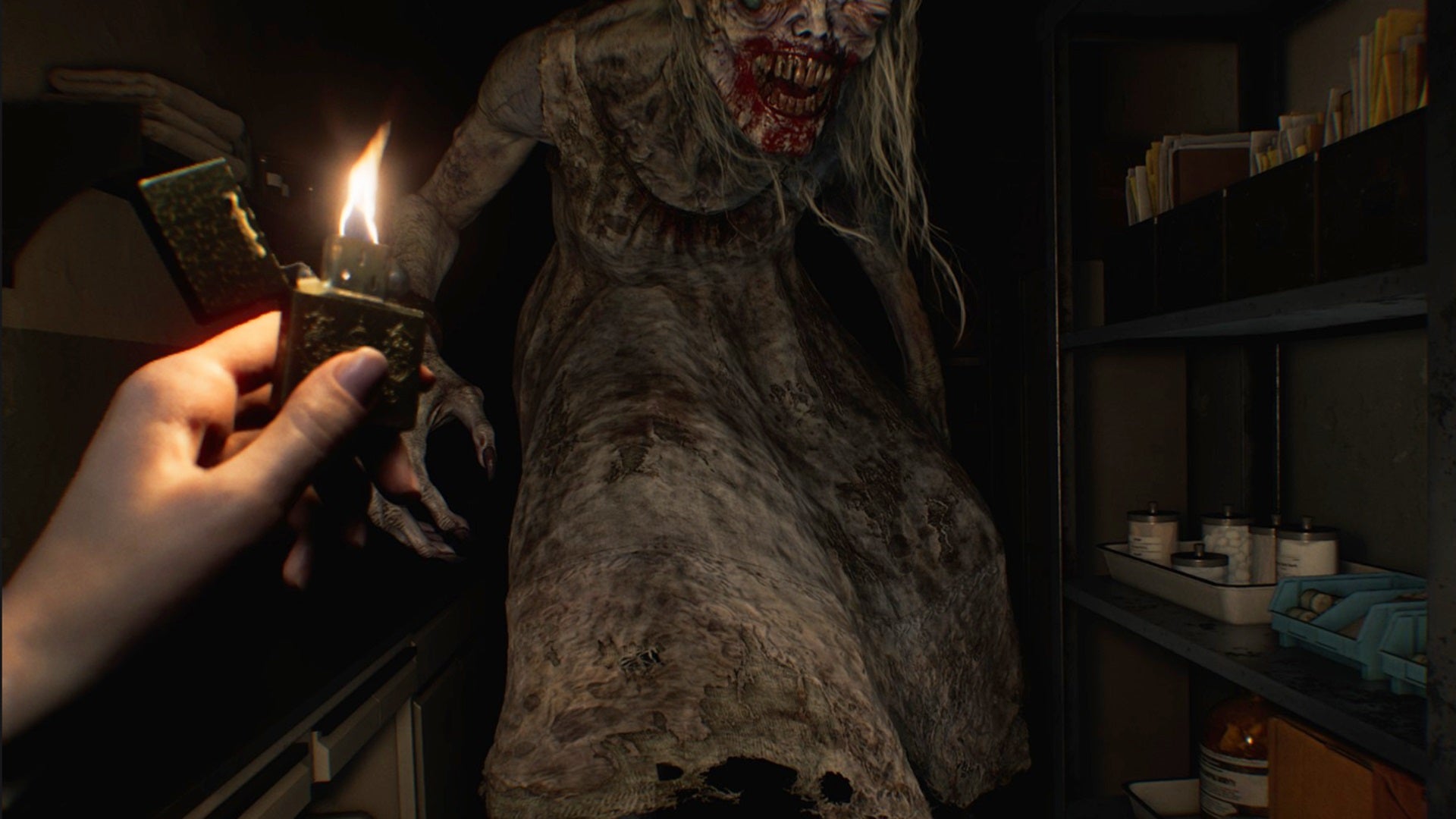 A small flame from a lighter illuminates the hideous visage of The Girl, a huge hag-like bioweapon in Resident Evil Requiem.