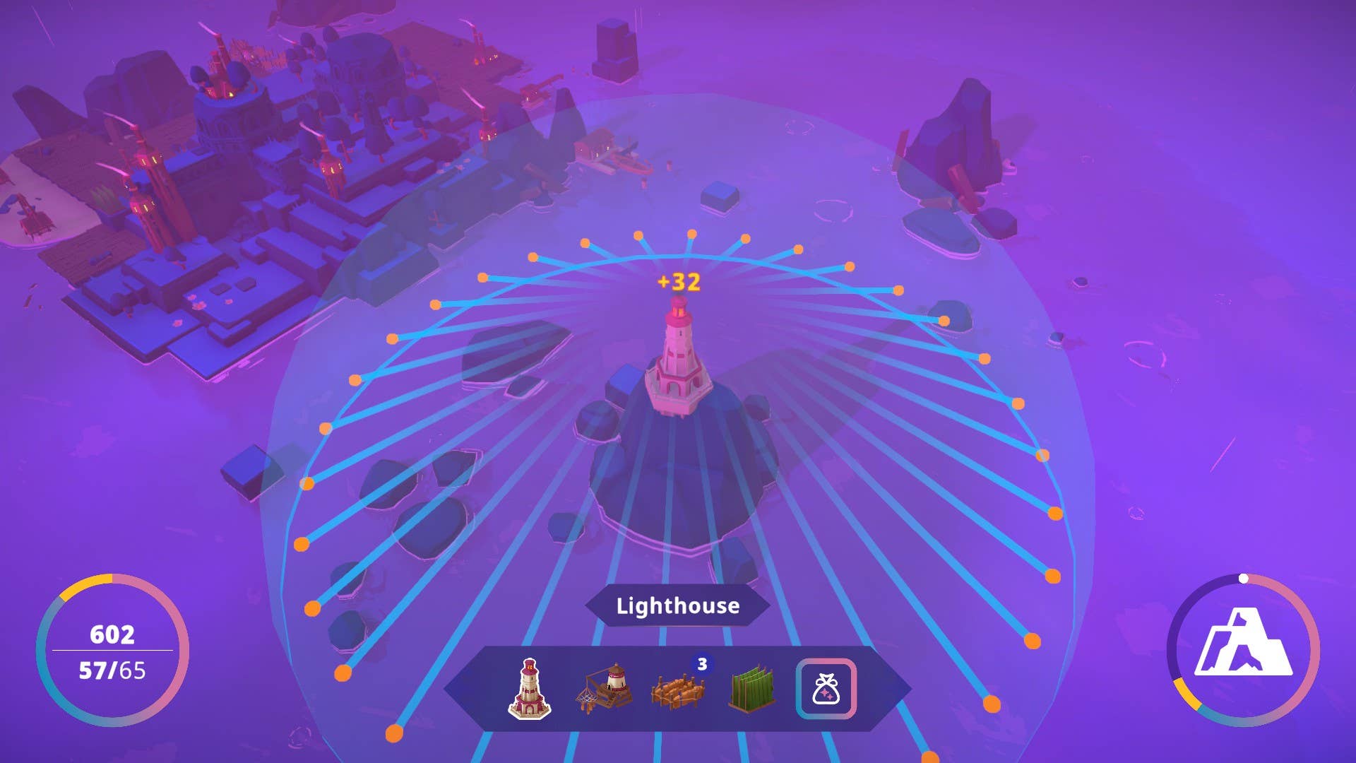 A lighthouse placed on a rock, with its sphere of influence radiating into the nearby sea in Islanders: New Shores.