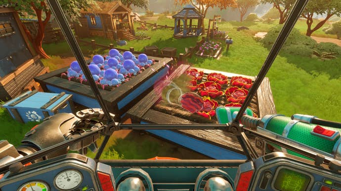 A mech harvests their crops in Lightyear Frontier