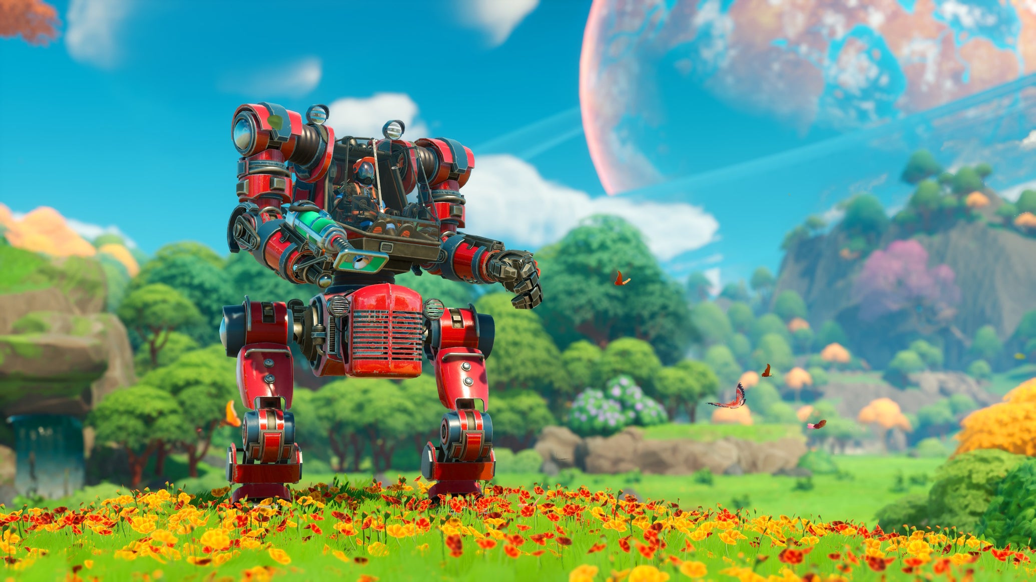 A red mech stands in a flowery field with a large planet visible in the background in Lightyear Frontier - 1