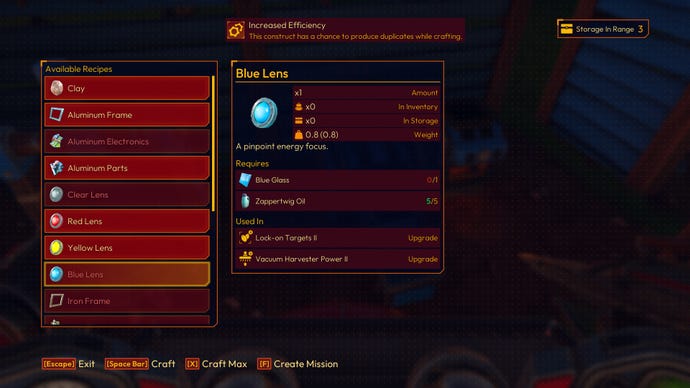Screenshot of the recipe to make Blue Lens in Lightyear Frontier.