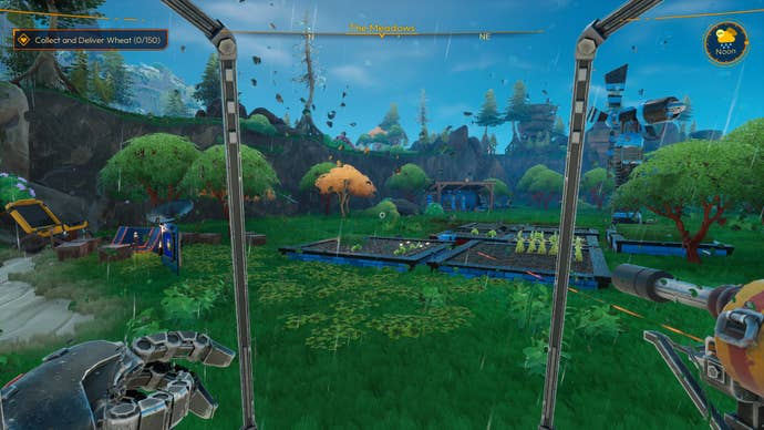 Farming on a rainy day in Lightyear Frontier.