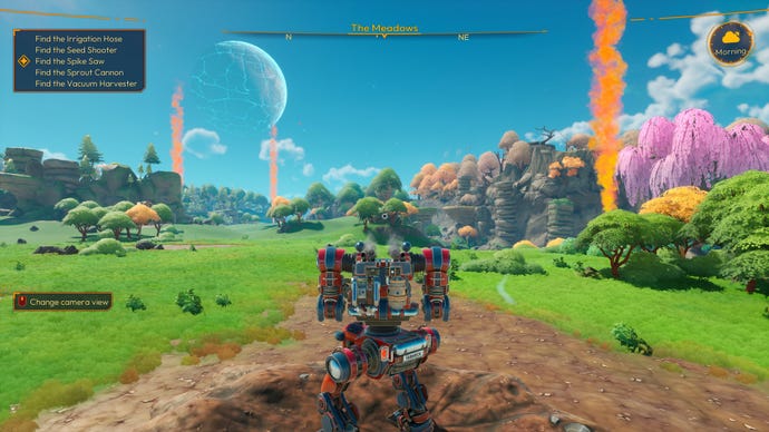 A mech looks out at a lush, green environment in Lightyear Frontier.