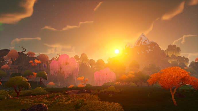 Sunset casts an orange glow over Lightyear Frontier’s green valleys.