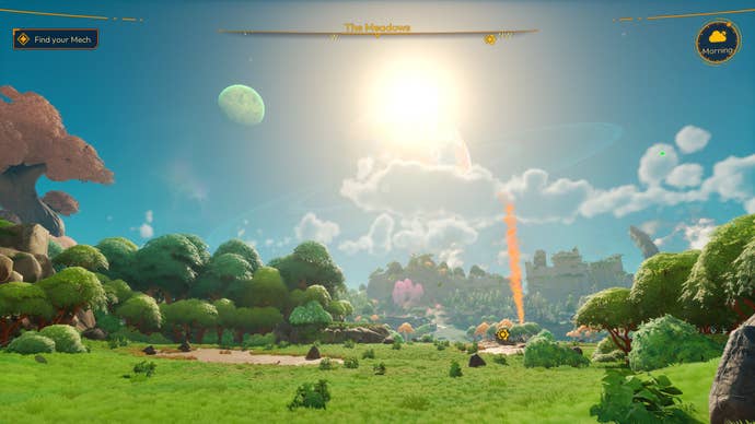 The sun casts a bright glow over Lightyear Frontier’s green landscape.