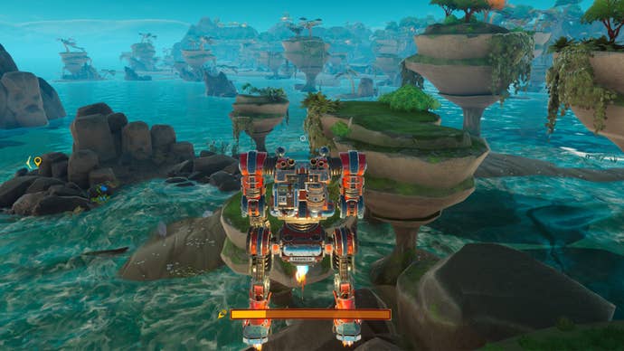 Image of a Mech suit using the Thruster Boost upgrade in Lightyear Frontier.