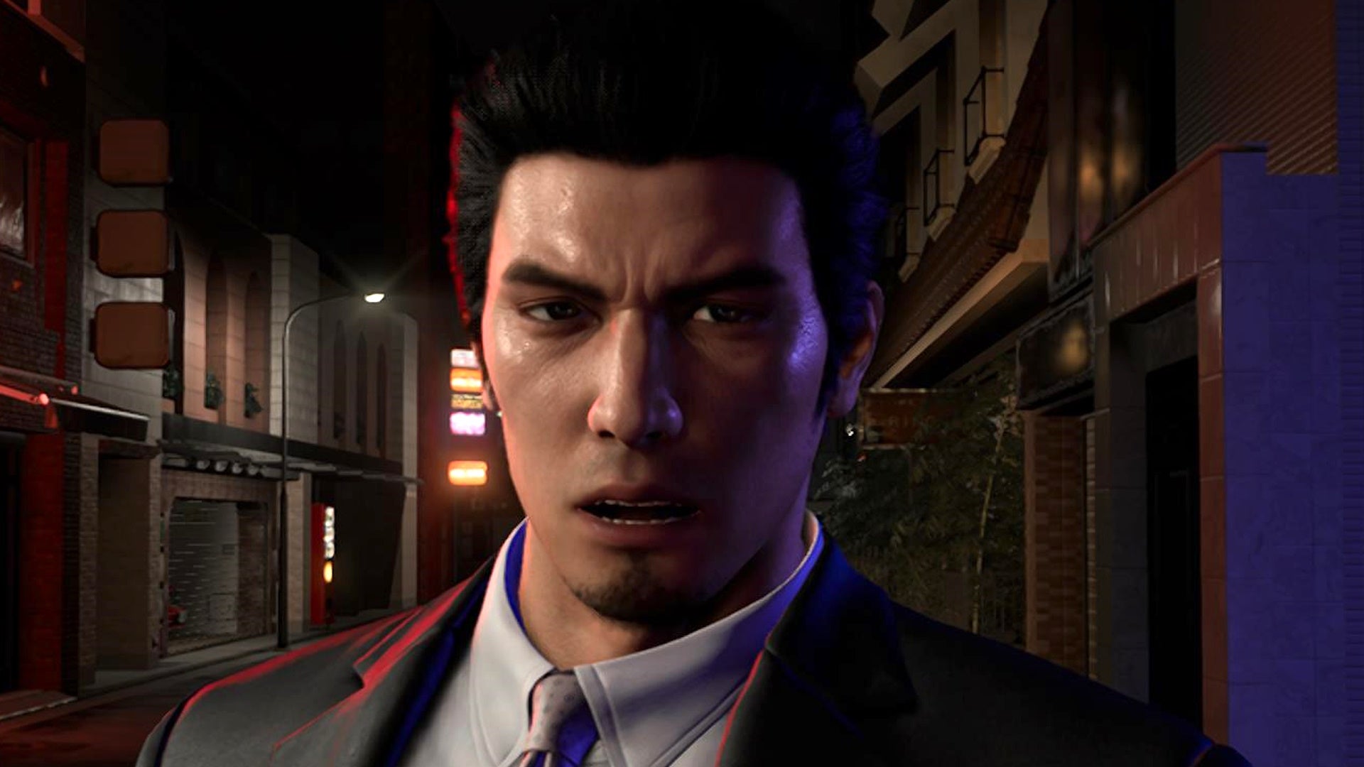 Like A Dragon Gaiden Flying Takoyaki: A CGI man in a suit, illuminated by blue and red lights, is standing in the middle of a shadowy street