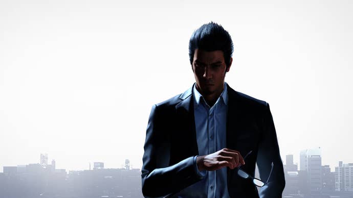 Like A Dragon Gaiden Fukupi: A man wearing a suit and collared shirt is depicted against a white background with a skyline in the distance.