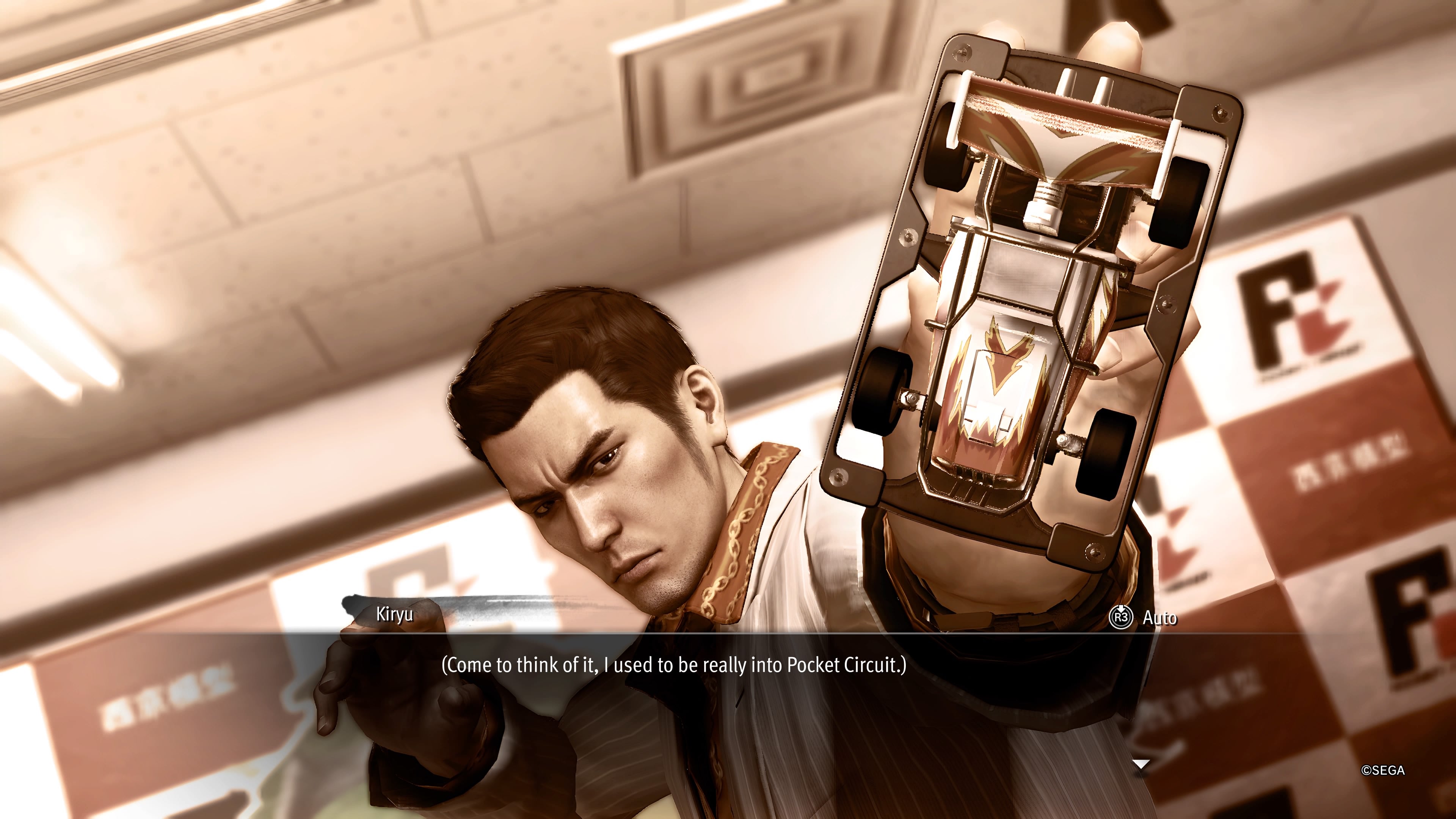 Like a Dragon Gaiden screenshot showing a young Kiryu with a Pocket Circuit car