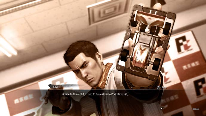 Like a Dragon Gaiden screenshot showing a young Kiryu with a Pocket Circuit car