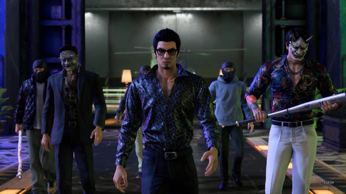 Like a Dragon Gaiden screenshot showing Kiryu mid-cutscene with battle allies