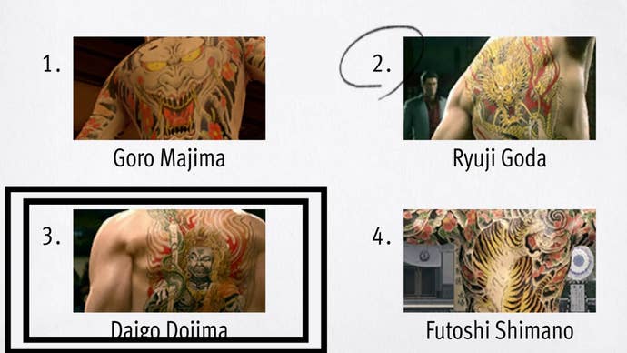 Like a Dragon Infinite Wealth, the back tattoo for Daigo Dojima has been circled amongst four others.