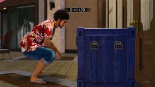 Ichiban Kasuga investigating a blue container during the Anaconda Escape substory in Like A Dragon: Infinite Wealth